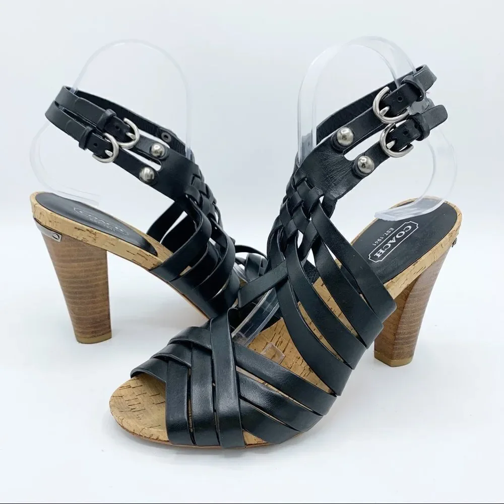 Coach · Black Leather Strappy Adrienne Block‎ Heels · Sz 8.5